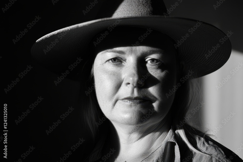 Black and White Portrait of Woman Wearing Wide-Brimmed Hat in Dramatic Lighting Black and White Portrait of Woman Wearing Wide-Brimmed Hat in Dramatic Lighting