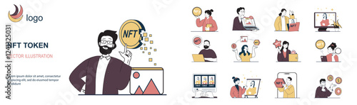 NFT token concept with character situations mega set in flat web design. Bundle of scenes people creating digital arts for sell at online auctions and buy for cryptocurrency. Vector illustrations.