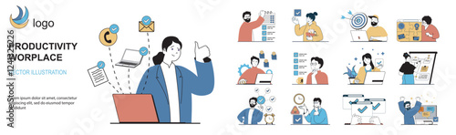 Productivity workplace concept with character situations mega set in flat web design. Bundle of scenes people organizing schedule, planning tasks, managing time with checklists. Vector illustrations.