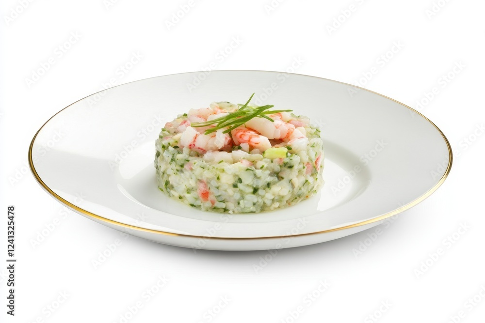 Elegant Shrimp Tartare on White Plate with Chives Garnish Elegant Shrimp Tartare on White Plate with Chives Garnish