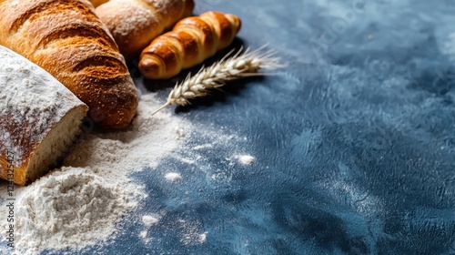 Freshly baked bread assortment on a textured blue surface with flour scattered around