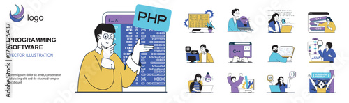 Programming software concept with character situations mega set in flat web design. Bundle of scenes people writing and optimizing code, working with different program languages. Vector illustrations.