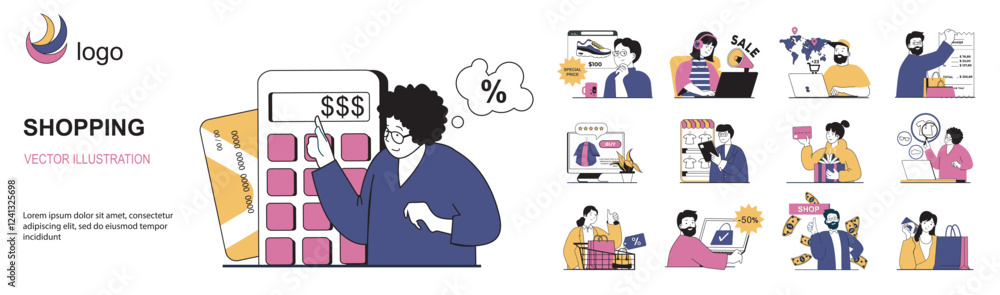 Shopping concept with character situations mega set in flat web design. Bundle of scenes people ordering and buys in online store, pays with credit cards in mobile application. Vector illustrations. Shopping concept with character situations mega set in flat web design. Bundle of scenes people ordering and buys in online store, pays with credit cards in mobile application. Vector illustrations.