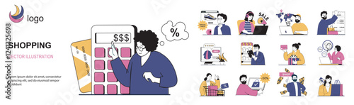 Shopping concept with character situations mega set in flat web design. Bundle of scenes people ordering and buys in online store, pays with credit cards in mobile application. Vector illustrations.