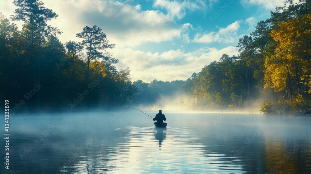 Solitary Fisherman on Misty Autumn Lake Solitary Fisherman on Misty Autumn Lake