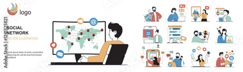 Social network concept with character situations mega set in flat web design. Bundle of scenes people communicating online, surfing profiles, likes photo, sharing links to posts. Vector illustrations.