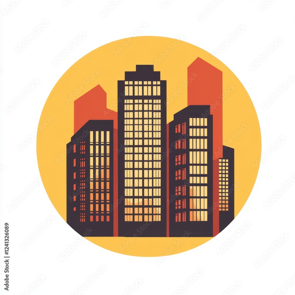 Circular cityscape with modern skyscrapers in warm orange and red tones. Circular cityscape with modern skyscrapers in warm orange and red tones.