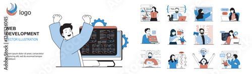Web development concept with character situations mega set in flat design. Bundle of scenes people creating websites and homepages, programming projects and working with code. Vector illustrations.