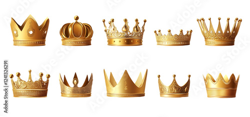 Set of gold crown isolated golden crown on a transparent background