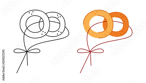 Two bagels on a rope, black and colored. Hand drawn clip art for your project.