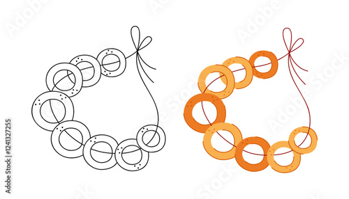 Two bunches of bagels on a rope. Hand drawn clip art for your project.