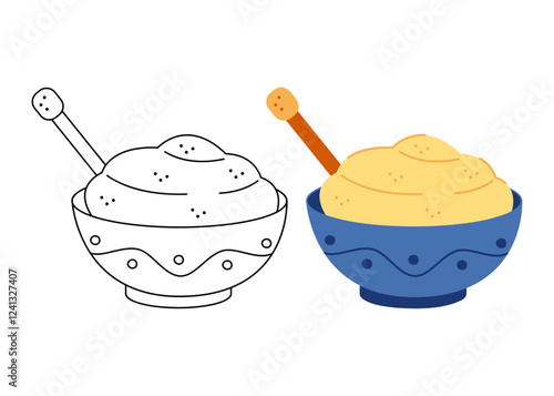Two bowls of sour cream and a spoon. Hand drawn clip art for your project.