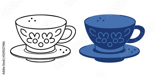 Two patterned cups and saucers. Hand drawn clip art for your project.