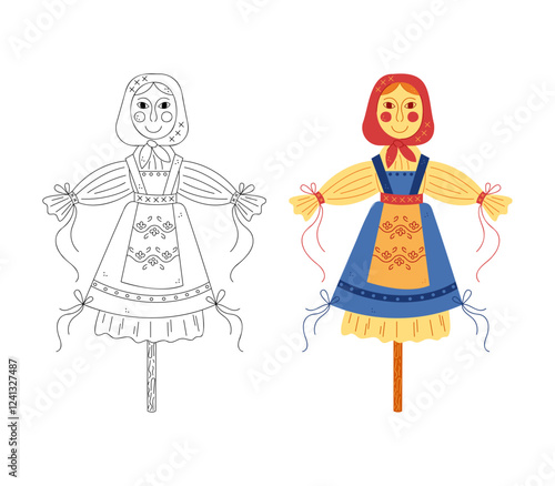 Two scarecrows for celebrating Shrovetide. Hand drawn clip art for your project.