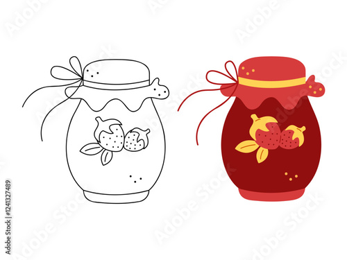 Two jars of strawberry jam. Hand drawn clip art for your project.
