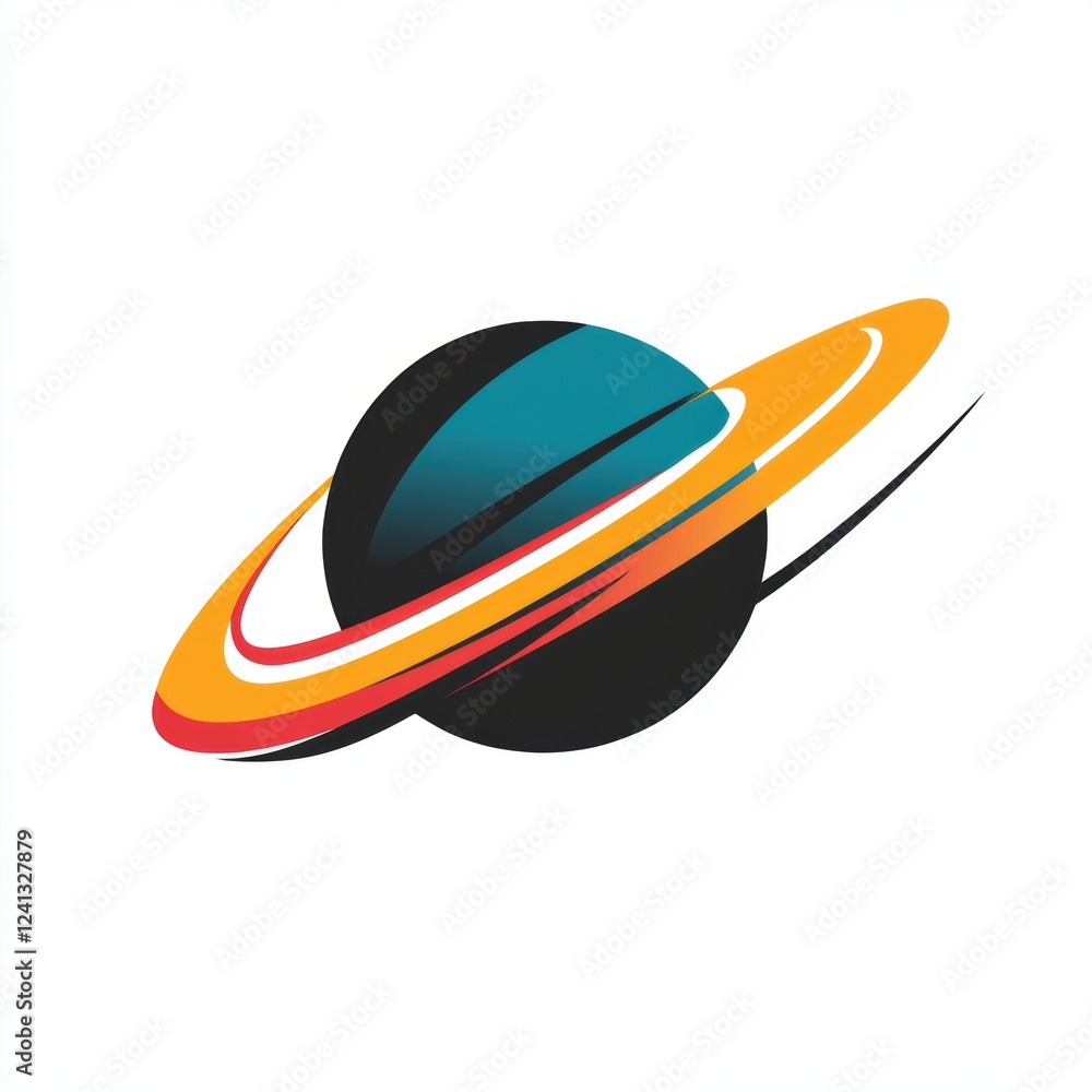 Abstract planet illustration with rings in a futuristic and dynamic style.