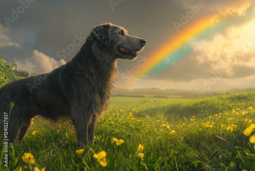 Irish Wolfhound in a Misty Green Field with a Rainbow – Majestic St. Patrick’s Day Scene