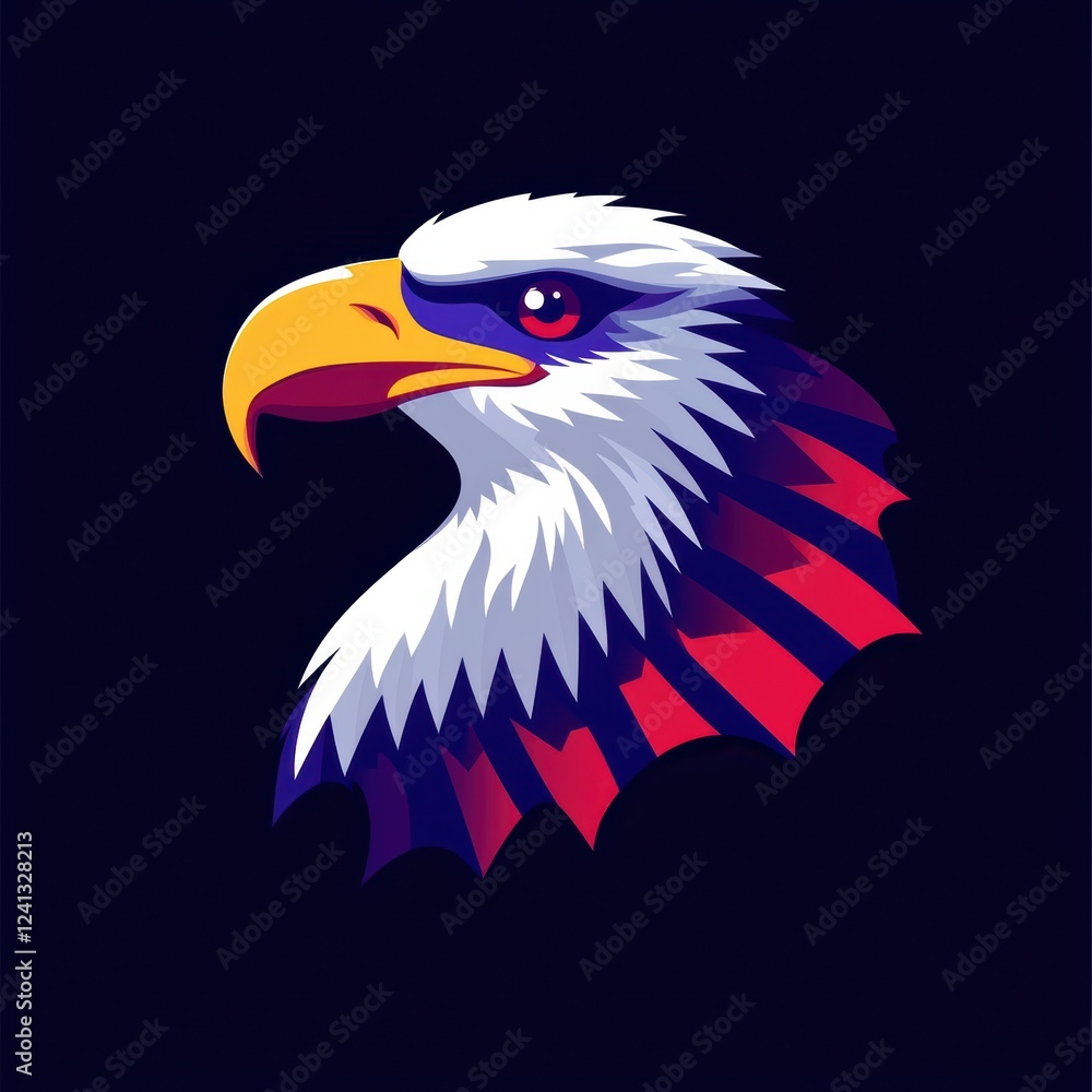 Fototapeta premium Modern geometric eagle head illustration with patriotic red, white, and blue shades.