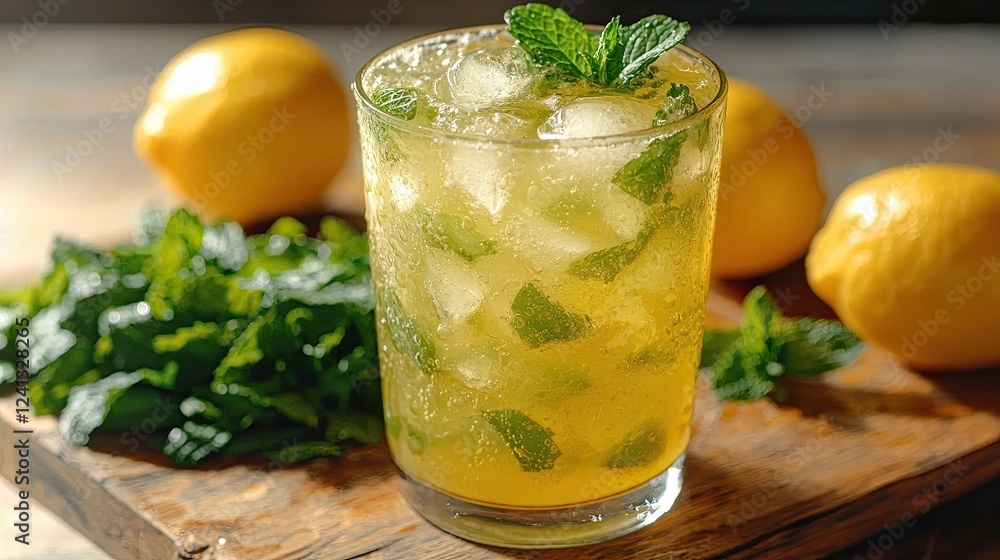Fototapeta premium Refreshing mint lemonade served in a glass garnished with mint leaves and ice next to ripe lemons and fresh mint