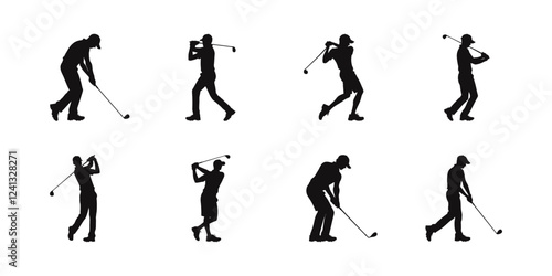 Golf player silhouettes set. Man playing golf collection. Vector illustration.