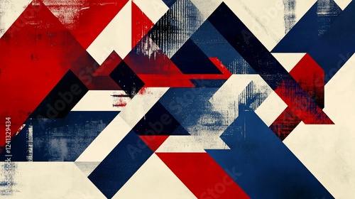 Abstract geometric art with red, blue, and white triangles and grunge texture.