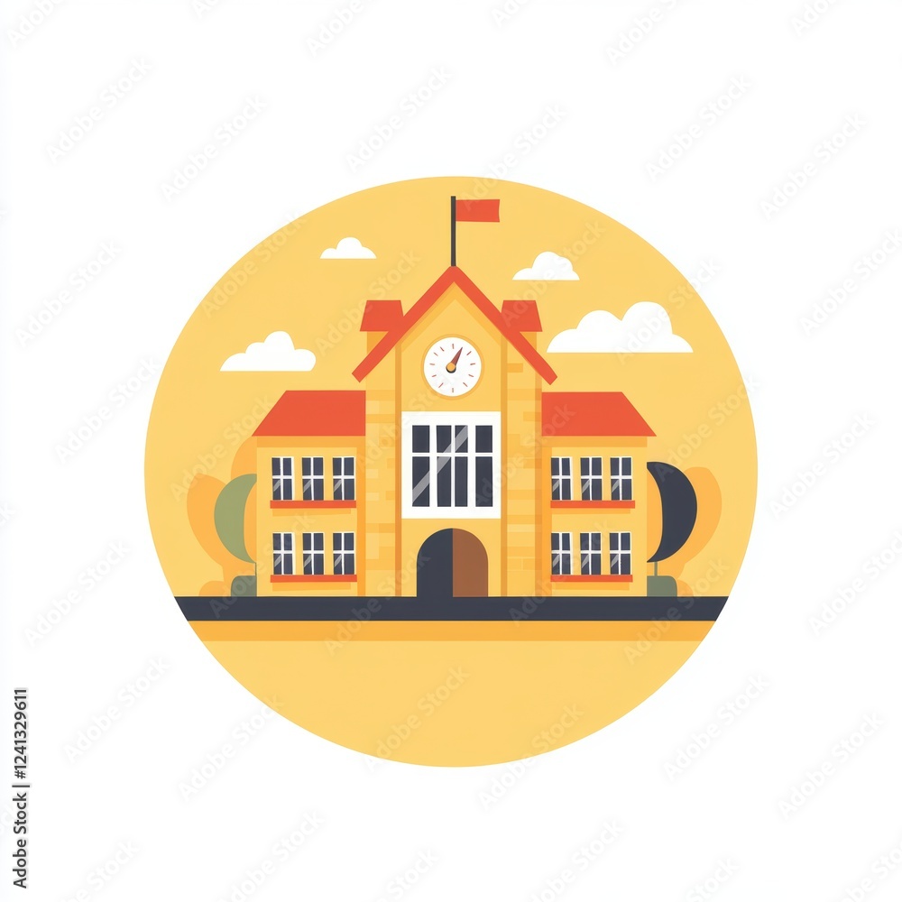 Fototapeta premium A warm and welcoming schoolhouse with a clock, trees, and a sunny background, representing education.