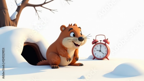 Cute Cartoon Groundhog Emerging from Burrow, Winter Scene with Alarm Clock