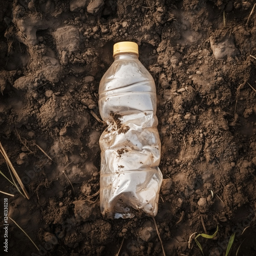 Plastic water bottle biodegrading in soil photo