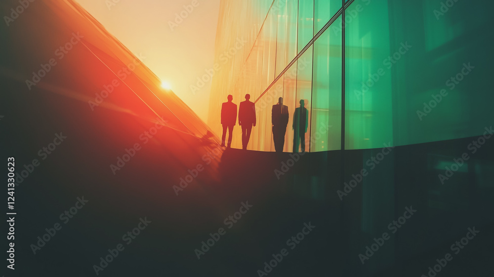 Fototapeta premium Group of business people silhouettes in modern office building and business network concept. Human resources with pastel innovation charts and graphs with statistics to analyze business 