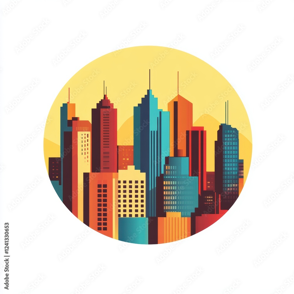 A stylized city skyline with warm colors and modern skyscrapers in a circular format. A stylized city skyline with warm colors and modern skyscrapers in a circular format.
