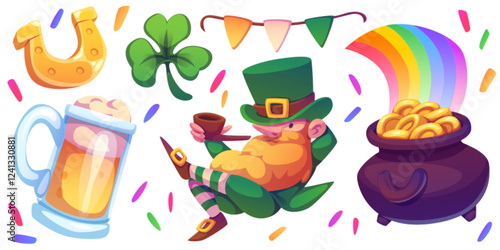 Saint Patrick holiday set with magical elements - golden horseshoe, lucky shamrock leaf, festive bunting flags, foamy beer, relaxing leprechaun smoking pipe, treasure pot under rainbow with confetti.