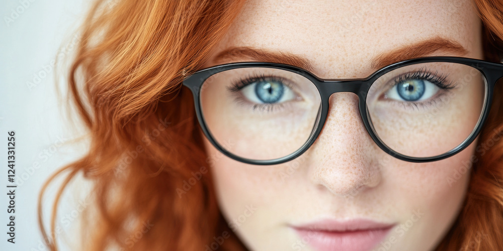 Close up portrait of a Caucasian young woman with red hair and glasses, focused expression, natural beauty