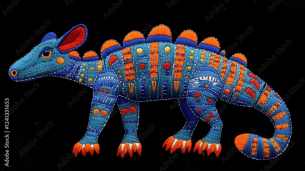 Fototapeta premium Vibrant Hand Embroidered Textile Art of a Mythical Creature