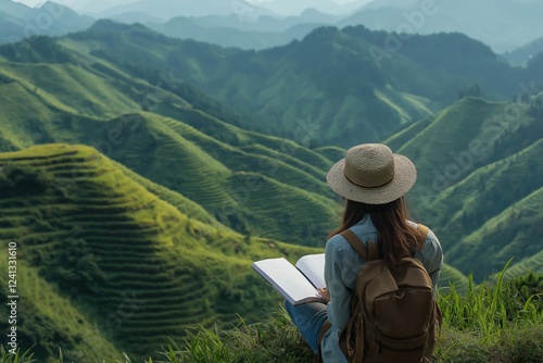 Wallpaper Mural In a serene escape during summer, a joyful traveler finds peace in nature, immersing themselves in a good book while surrounded by vibrant green mountains and breathtaking scenery Torontodigital.ca