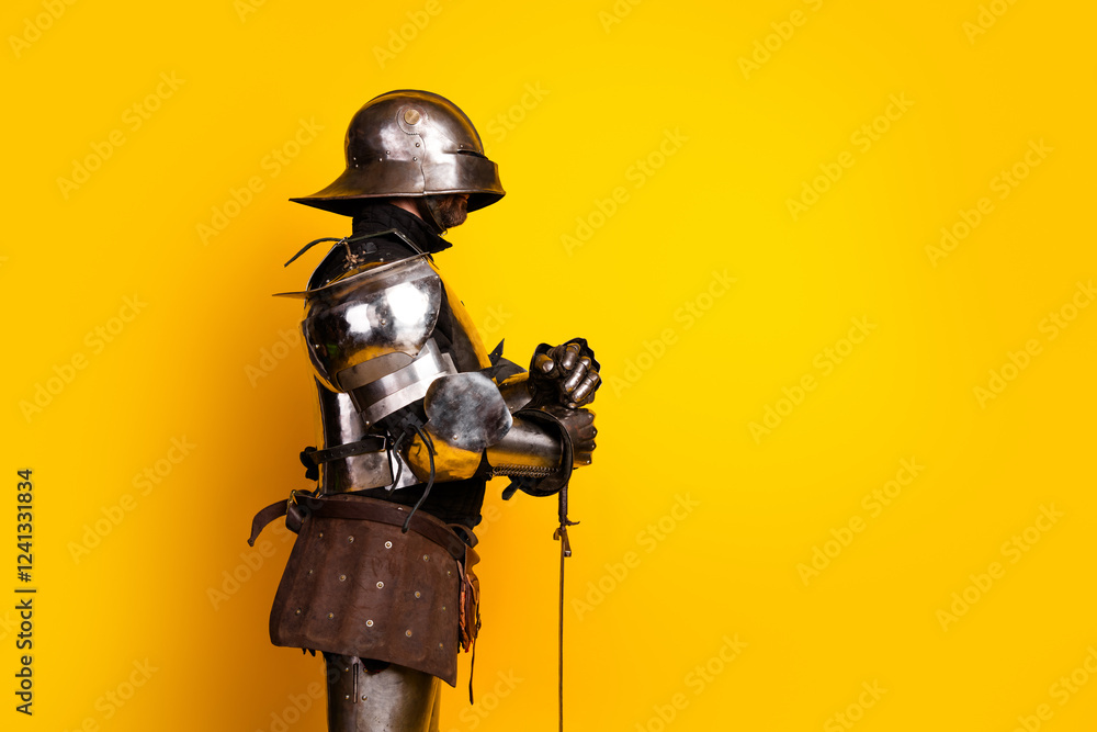 Naklejka premium Side view of an armored knight in full metallic gear holding a sword against a vibrant yellow background