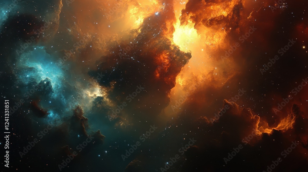 Fototapeta premium Cosmic Nebula Fiery Orange And Teal Cloudscape