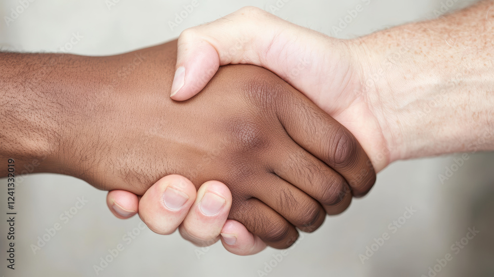 Handshake between African American man and Caucasian man symbolizing unity and collaboration Handshake between African American man and Caucasian man symbolizing unity and collaboration