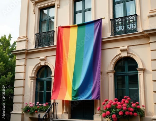 Rainbow Pride Flag Hanging on Elegant Building Exterior
