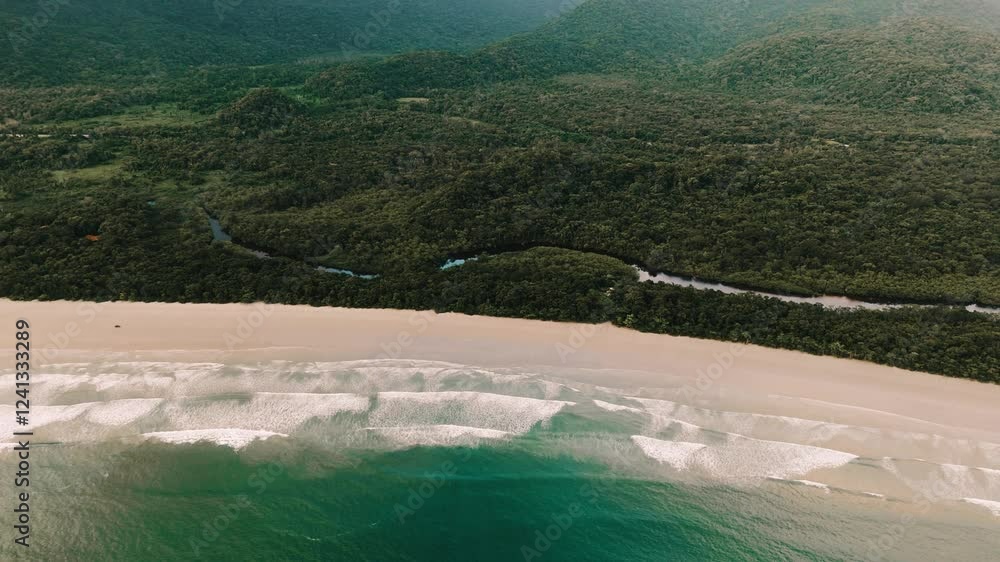 Aerial View Fazenda Beach and River in Brazil with the Atlantic Forest in the Background