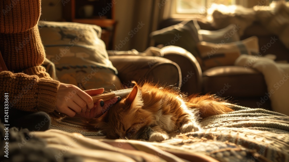 The picture about human relaxed using comb brushing pet fur inside living room. Kind person take care cute cat with love and warmth heart. Caring animal activity with warm atmosphere concept. AIG61. The picture about human relaxed using comb brushing pet fur inside living room. Kind person take care cute cat with love and warmth heart. Caring animal activity with warm atmosphere concept. AIG61.