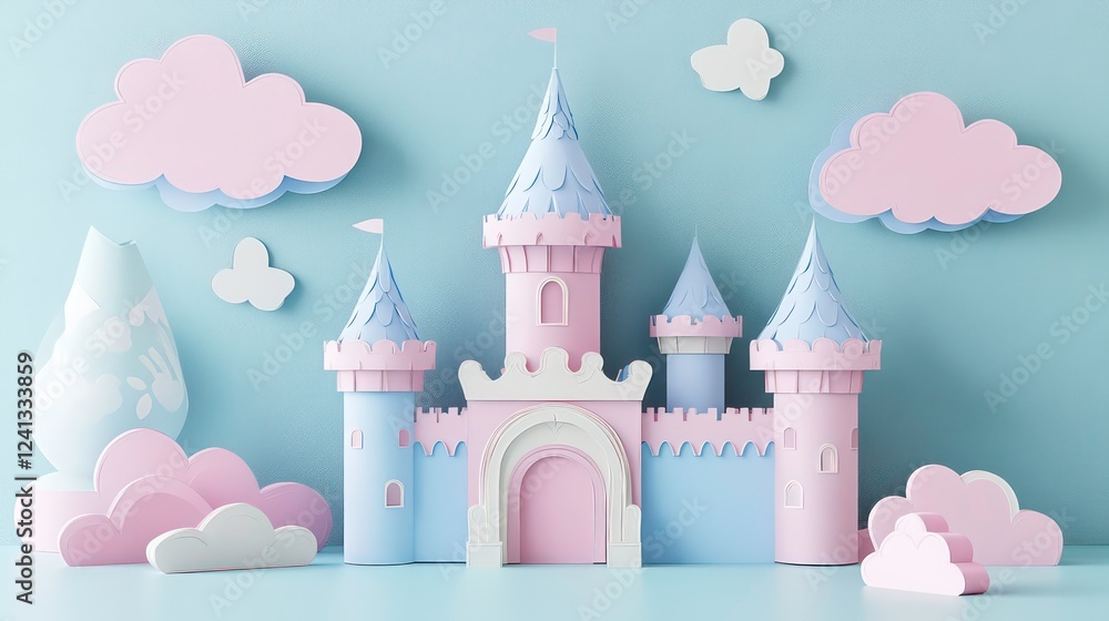 Cute Pink and Blue Princess Castle in Paper Cut Art, Pastel Colors, Clouds, 3D Rendered View on Table, Whimsical and Dreamy Design Cute Pink and Blue Princess Castle in Paper Cut Art, Pastel Colors, Clouds, 3D Rendered View on Table, Whimsical and Dreamy Design
