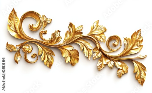 Gold ornate floral design, isolated, white background, 3D render, decor
