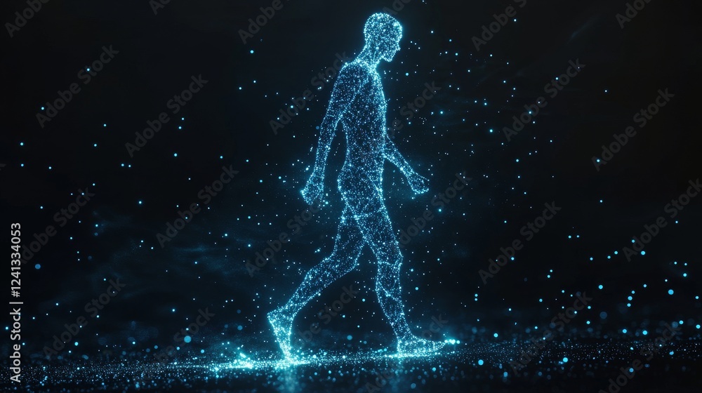 A hologram human figure walking in space in dark background A hologram human figure walking in space in dark background