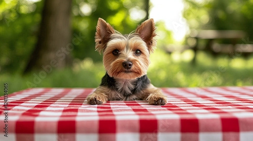 Fototapeta Naklejka Na Ścianę i Meble -  Cute yorkshire terrier dog breed lying or sitting on a red and white checkered tablecloth outdoors on a meadow on a sunny summer day and looking at the camera. wooden picnic table outside,pet leisure.