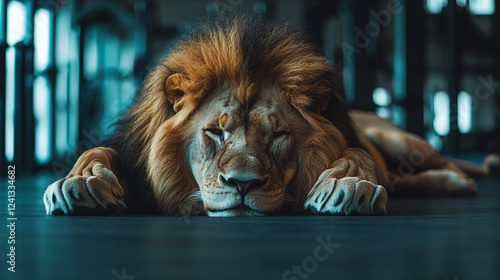 Photography of a male lion lying in the modern gym interior. lazy, tired and physically exhausted. unmotivated and weak concept. photo