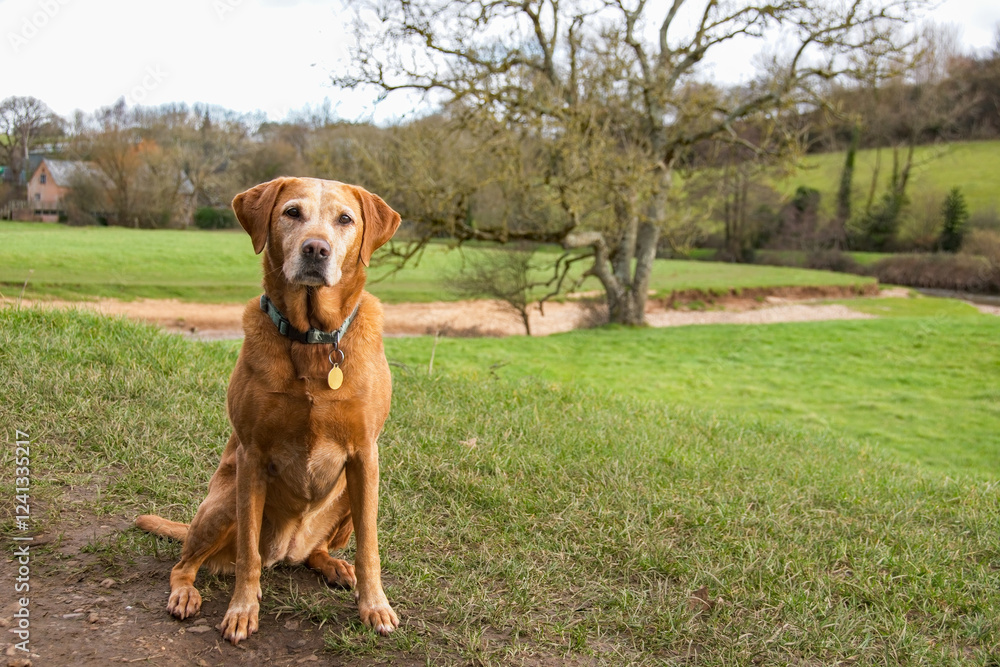 Red fox Labrador. Close up portrait of this attractive looking dog as she lays on a warm dogs bed. Selective focus on the dogs right eye. Red fox Labrador. Close up portrait of this attractive looking dog as she lays on a warm dogs bed. Selective focus on the dogs right eye.