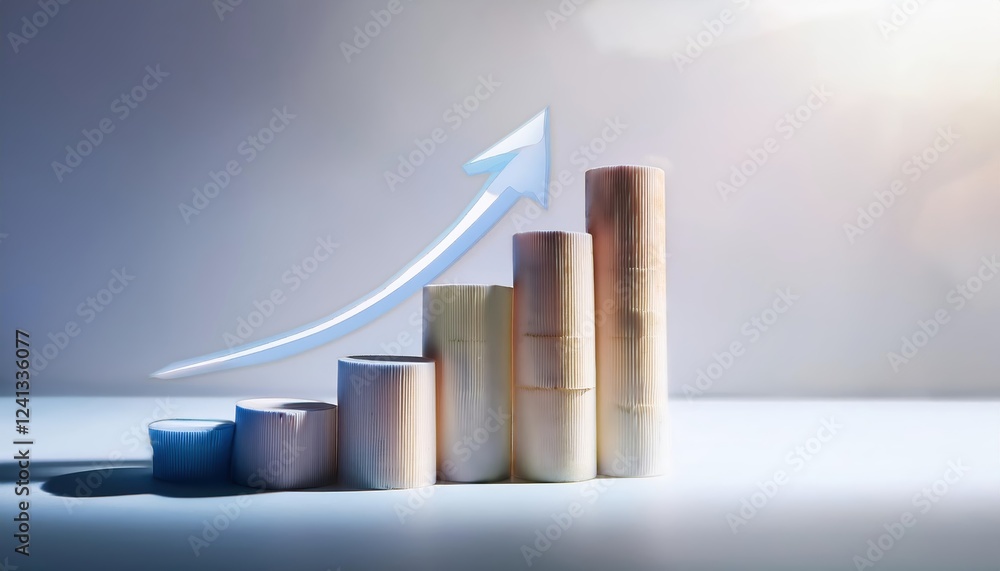 Business growth represented with wooden bars and an upward arrow against a minimalist background at sunrise Business growth represented with wooden bars and an upward arrow against a minimalist background at sunrise
