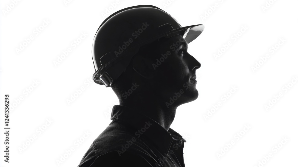 Profile silhouette of serious male engineer in hard hat, isolated on white background, focused expression, side view portrait, professional representation