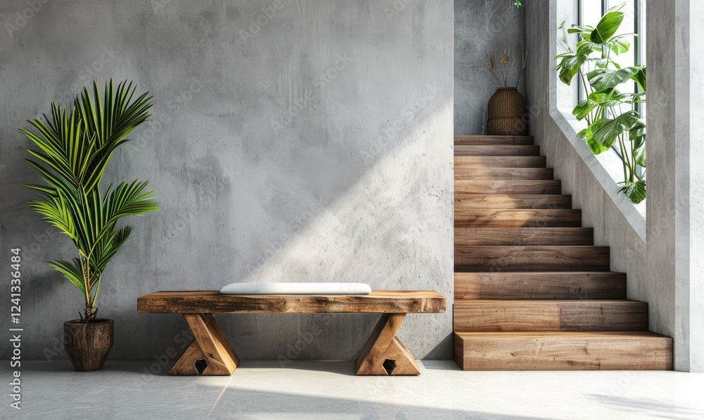 Modern Minimalist Interior Design With Wooden Stairs And Bench