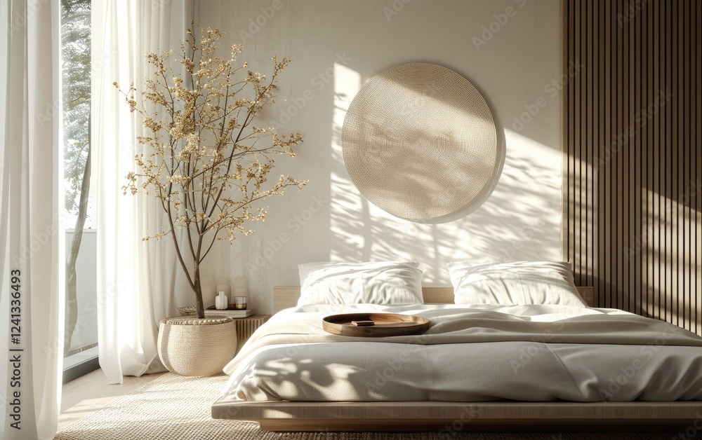 Serene Minimalist Bedroom Interior With Wooden Platform Bed near Dried Tree in Pot in Natural Light